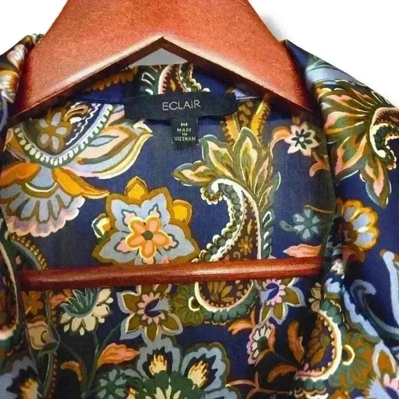 Eclair Floral Womens Satin Blouse Tie Front Top Colorful Size Medium - Picture 4 of 5